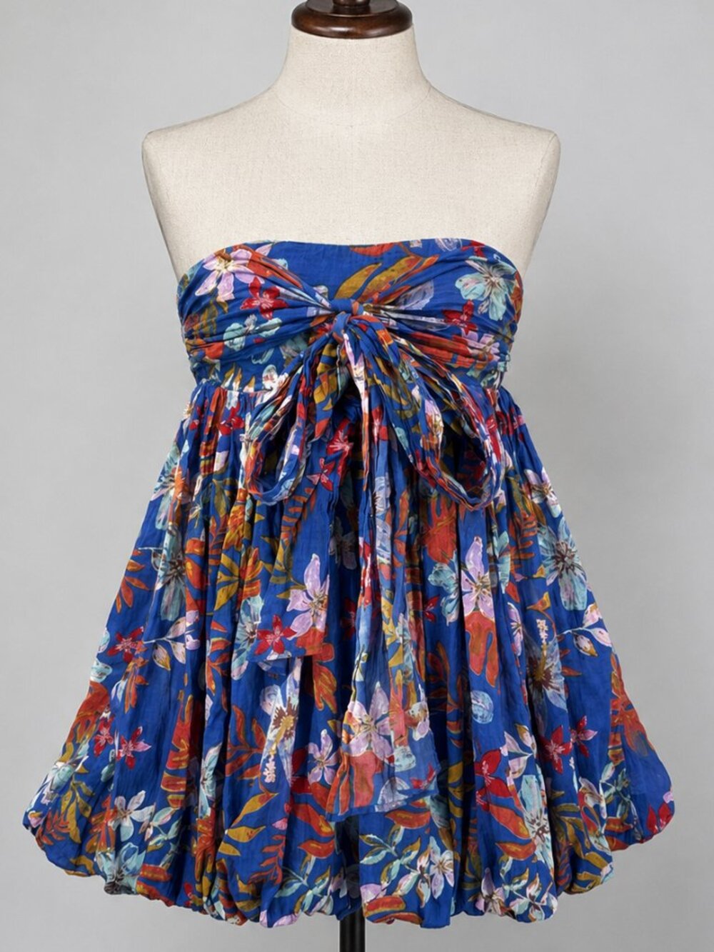 Free People Dress XS Blue Strapless Floral Smocked Bubble Hem Sundress Mini